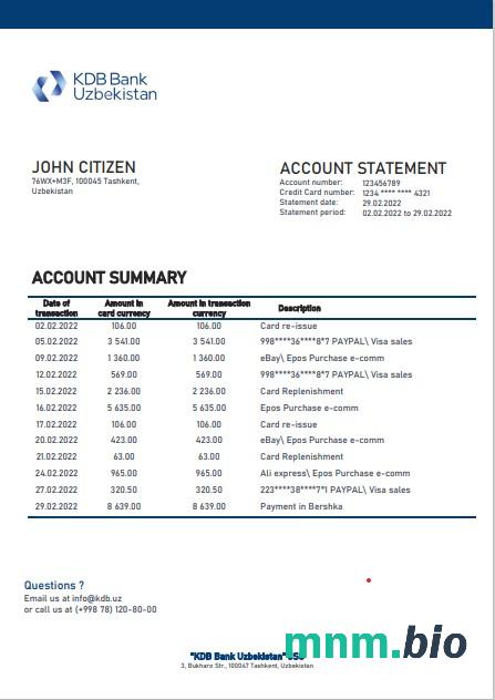 Uzbekistan Aloqabank dowód adresu szablon oświadczenia w formacie Word i PDF